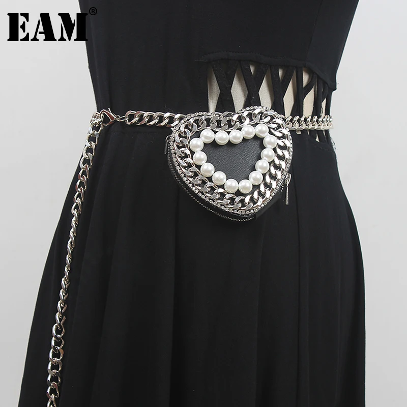 

[EAM] Pu Leather Blackpearl Chain Long Wide Belt Personality Women New Fashion Tide All-match Spring Autumn 2023 1DE0333