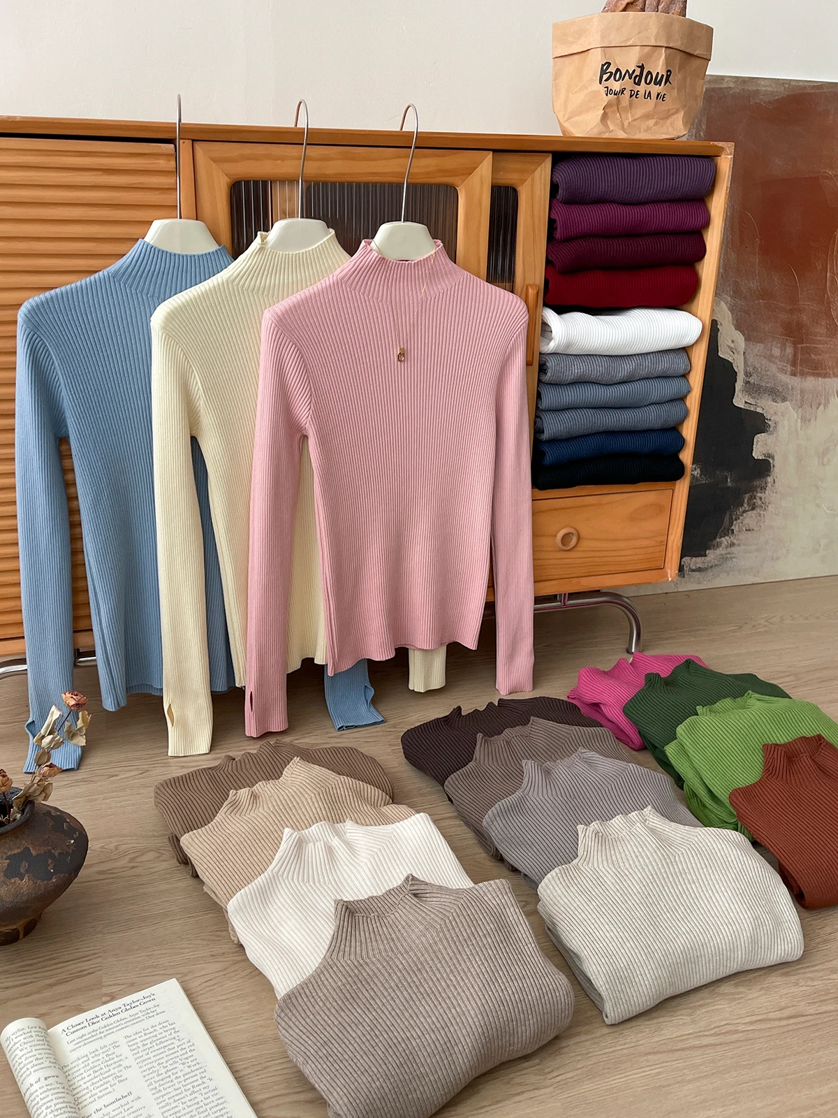 Плиссированная текстура полувысокий воротник смешанный шерстяной свитер из