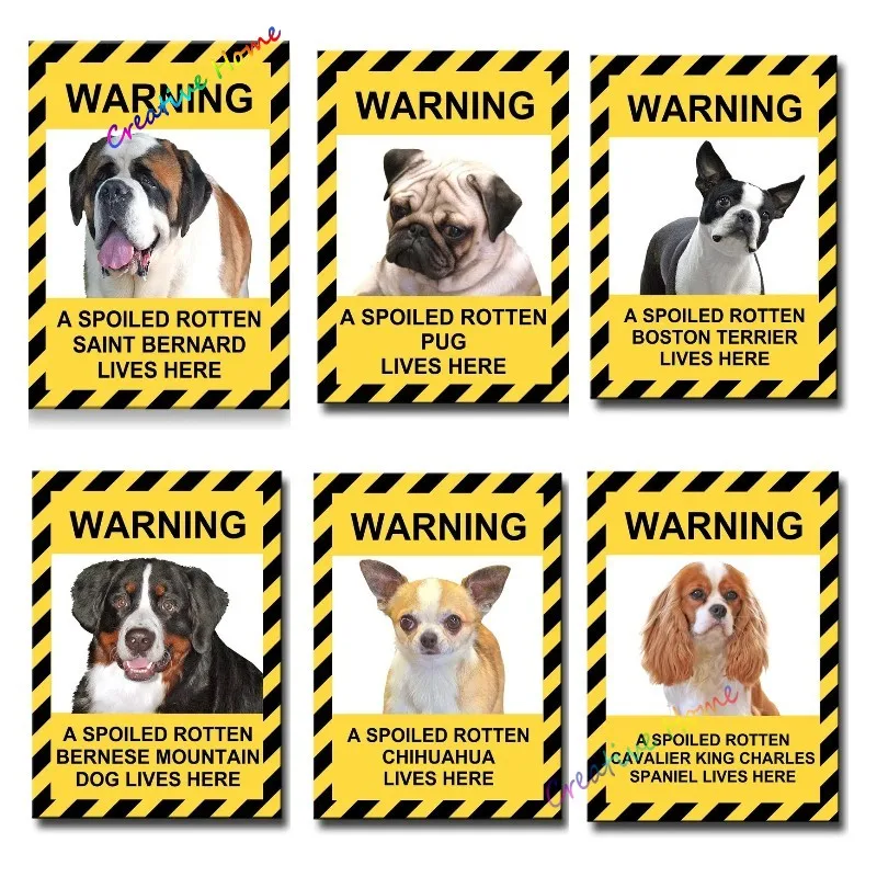 

Warning Saint Bernard Boston Terrier Pug Spoiled Tin Sign Home Decor Funny Metal Tin Sign Wall Decor People Cave Bar 8x12inch