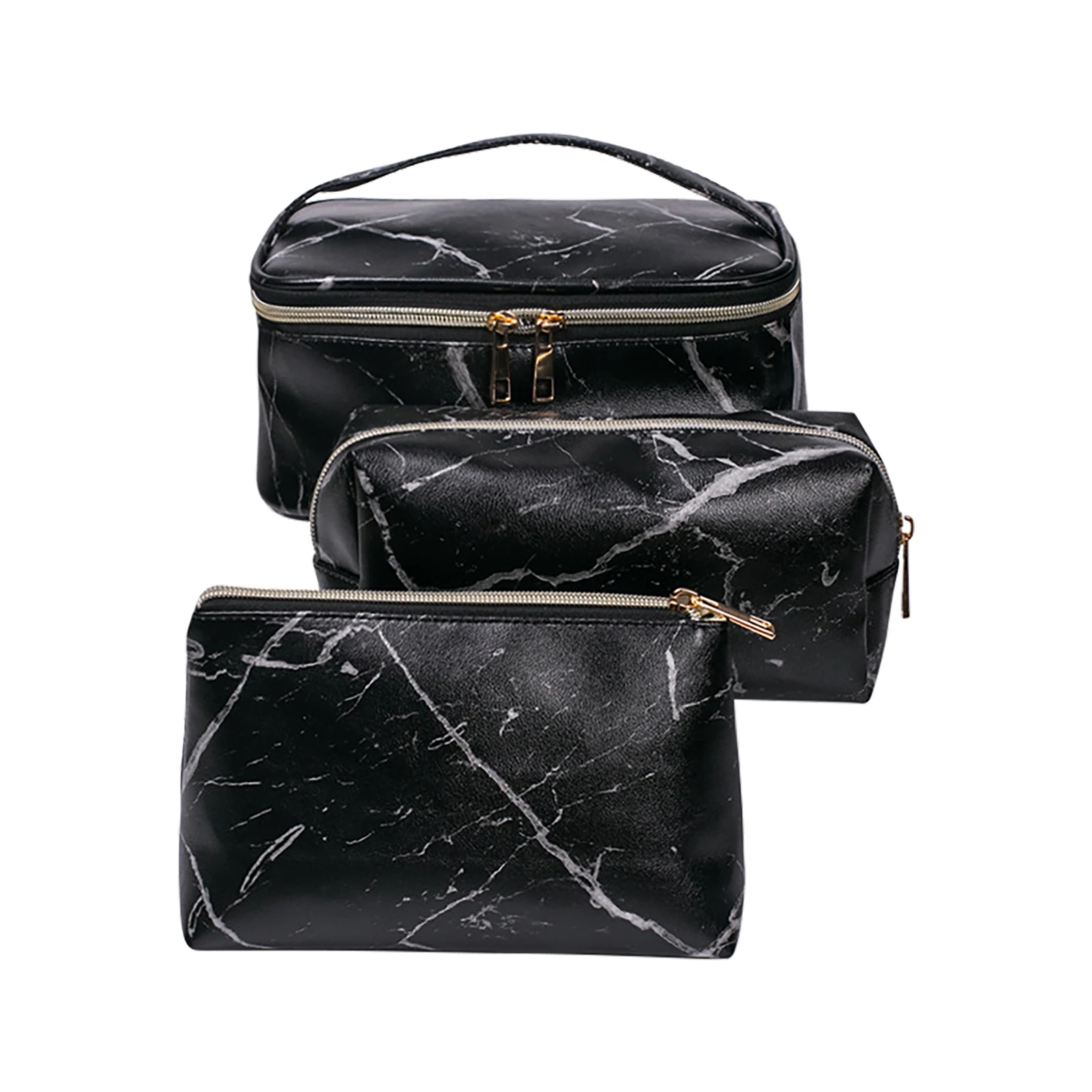 

3pcs Cosmetic Case Zipper Closure Portable Travel Makeup Bag PU Leather Toiletry Women Waterproof Lipstick Storage Marble Grain