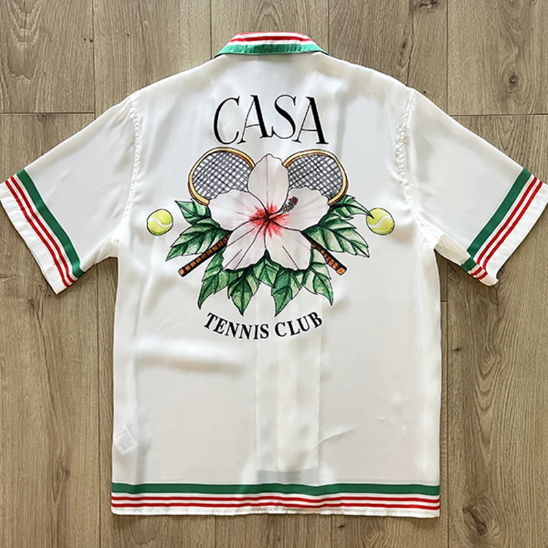 

2023 Summer Cross Racket Flower Silk CASA Casablanca Tennis Club Short Shirt Men Women Top Versions Beach Hawaii Pocket Shirt