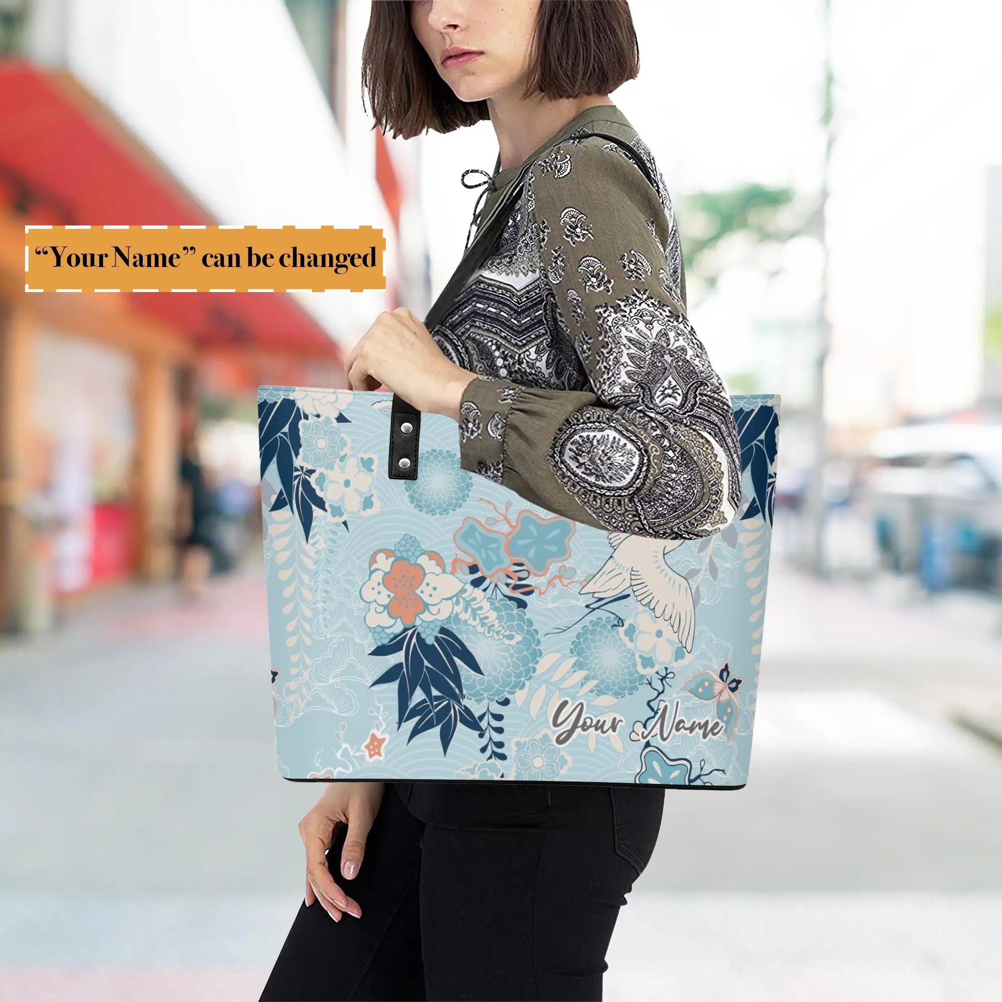 

Custom Name Chinese Style Fashion Faux Leather Women Tote Bag Large Capacity Pocket Purse Shoulder Purses And Handbags For Work