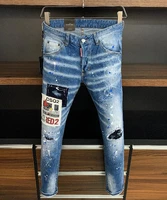 new mens skinny jeans with ripped holes and elastic paint spray blue stitching beggar pants 9807