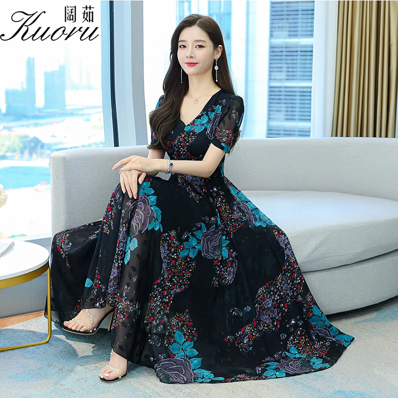 

Chiffon Summer Dress Women 2022 Boho Elegant Maxi Fashion Tunics Clothes Vintage Long Dresses For Beach Vestidos Fiesta Floral