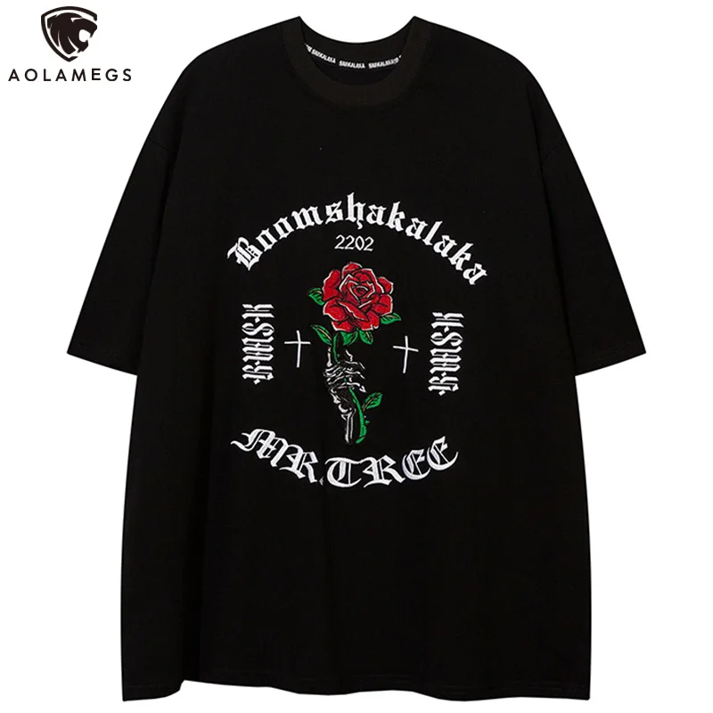 

Aolamegs Oversized T-shirt Men Rose Flower Print Short Sleeve Tops Tee Summer Harajuku High Street Punk Streetwear Men Clothes