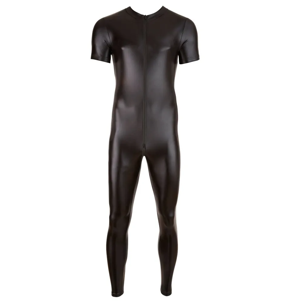 YUFEIDA Sexy Men Catsuit Faux Leather Long Zipper Skinny Bodysuit NightClub Wear Jumpsuit Lingerie Male Stage Pole Dance Costume