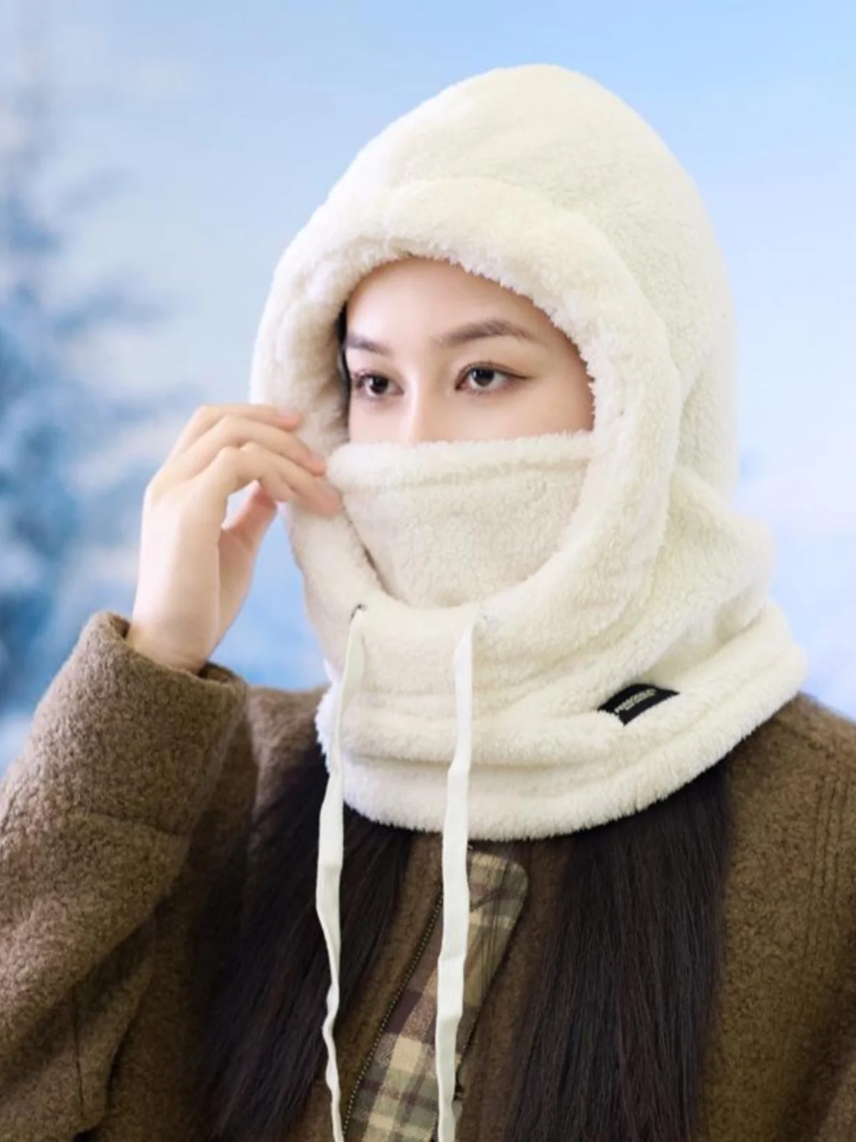 Scarf Mask Integrated Hat Women Winter Fleece-lined Thickened Sleeve Cap Earmuff Windproof Cotton-Padded Cycling Warm Art...