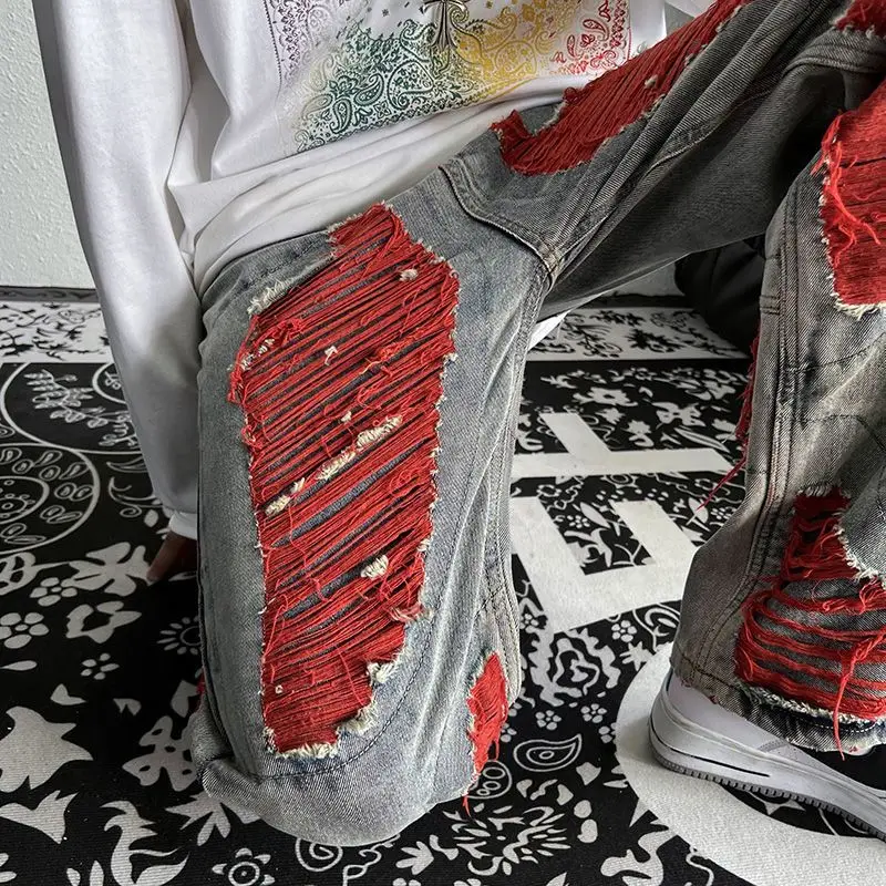 2022 High Street American Jeans Tide Brand Men's European And American Street Loose Wide Leg Tide Brand Red Line Ripped Trousers