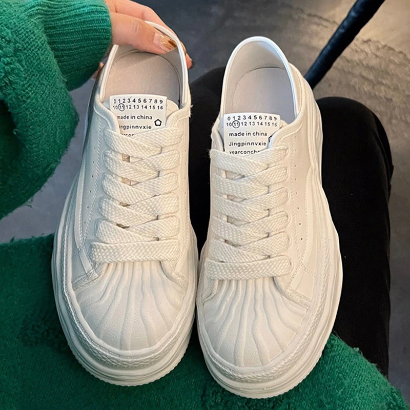 2023 5cm Chunky Sneakers Genuine Leather New Wedge Platform Shell Toe Breathable Vulcanized Summer Fashion Lace Up Ladies Shoes