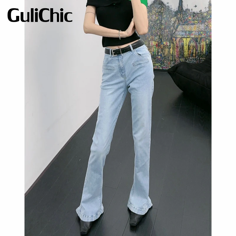 

5.14 GuliChic Women Vintage Distressed Washed Denim Slim Boot-Cut Jeans With Belt