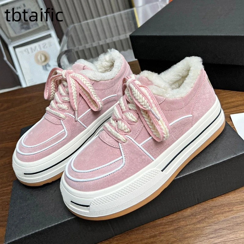 

Wool Shoes For Women Flat Short Boots Classic Platform Lace Up Winter Casual Fur Shoes Ladies Warm Ankle Snow Boots For Women