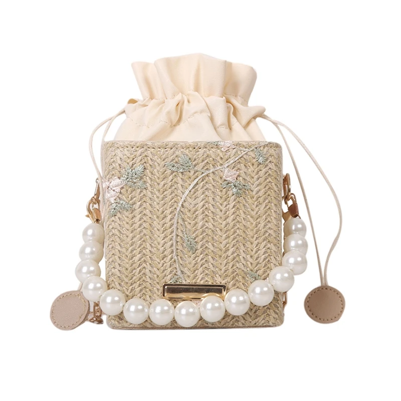 

Women Straw Purses Artificial Peral Chain Handbags Summer Rattan Crossbody Bags Ladies Beach Basket Drawstring Hand Bags