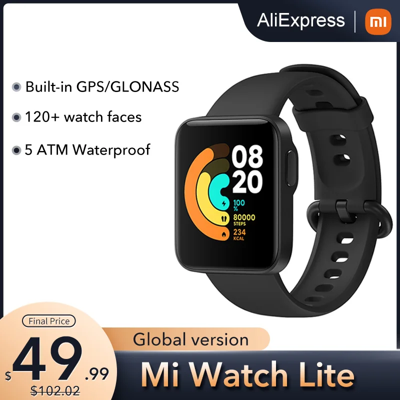 

Smart Bluetooth watch Xiaomi Mi Lite, equipped with sports and heart rate monitor, 5atm waterproof, GPS, global version