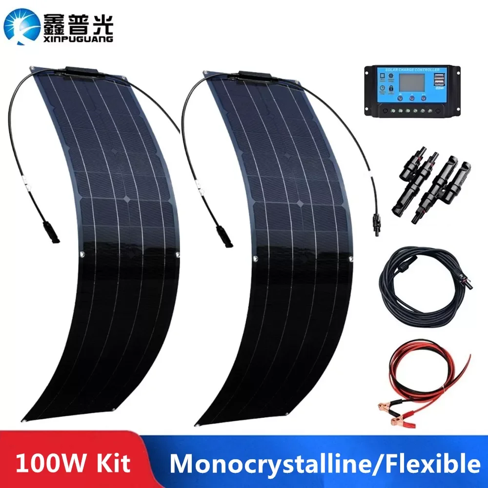 

2pcs 50W Solar Panel 100W Kit Complete 12V High Efficiency Mono Cell Flexible Solar Panels With Charge Controller PV Cable