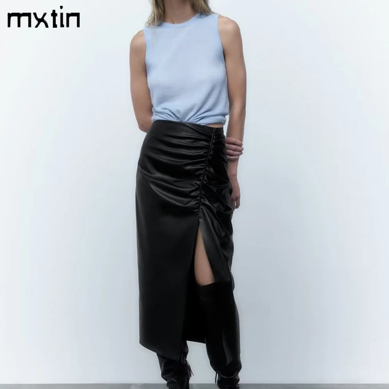 

2022 Women Autumn Fashion Faux Leather Black Pleated Midi Skirt Vintage A line Split Streetwear Female PU Skirts Vestidos