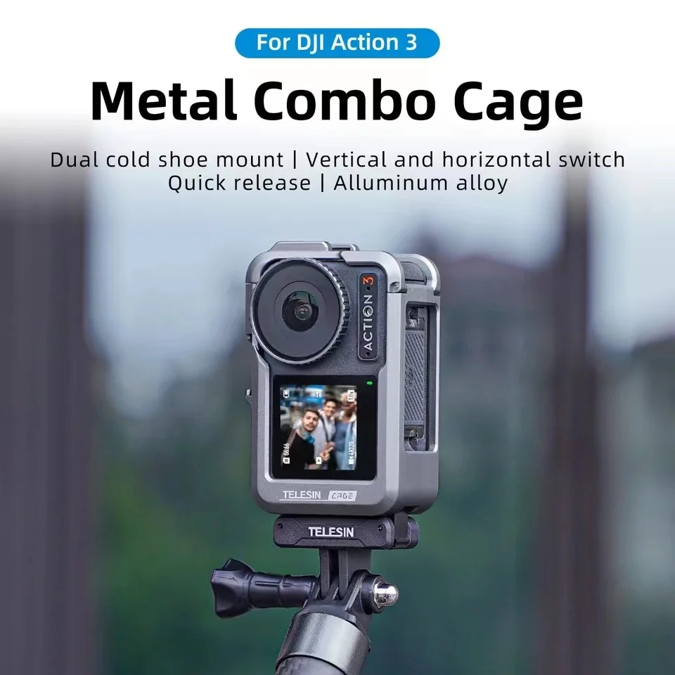

TELESIN Aluminium Alloy Frame for DJI Action 3 Metal Frame Shoot Vertically Dual Cold shoe for DJI Action Camera Accessories