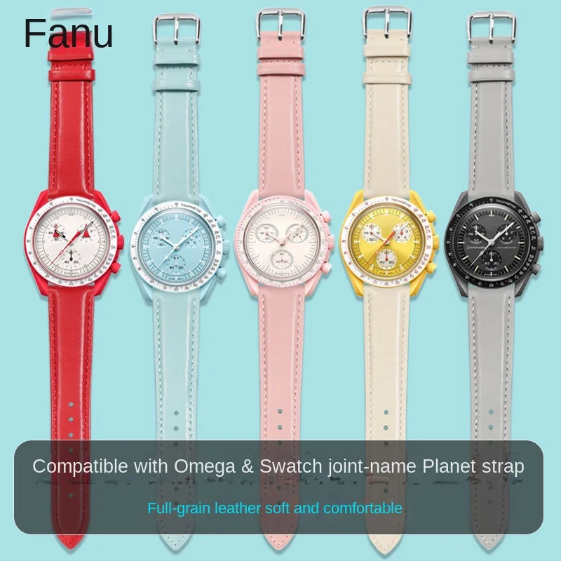 

Ремешок из натуральной кожи для мужских и женских часов Omega watch MoonSwatch, простой быстросъемный браслет, 20 мм, черный серый синий розовый белый