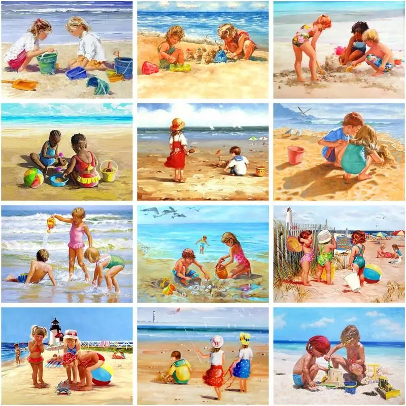

GATYZTORY Paint By Numbers Beach Children Play Drawing On Canvas Art Gift Diy Coloring By Number Seaside Scenery Kits Home Decor