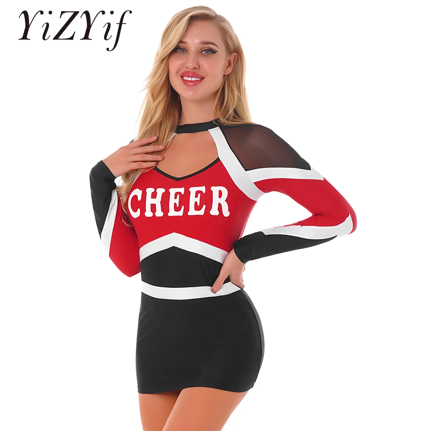 

Womens School Girls Cheerleading Costume Cheerleader Uniform Dance Outfit Letter Print Front Cutout Mesh Pleated Sport Dress