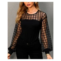 chicme women sheer grid mesh casual blouse long sleeve round neck shirts black sexy see through top elegant fall clothing 2021