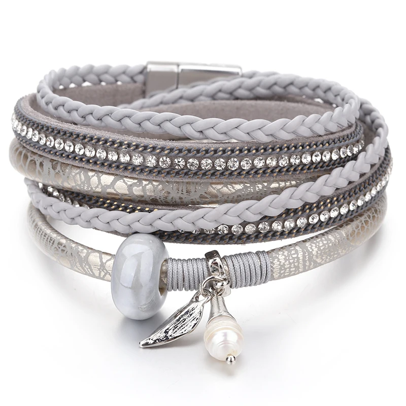 

Amorcome Braided Silver Color Leather Wrap Bracelet Boho Multilayer Strands Double Wrapped Cuff Bracelets for Women