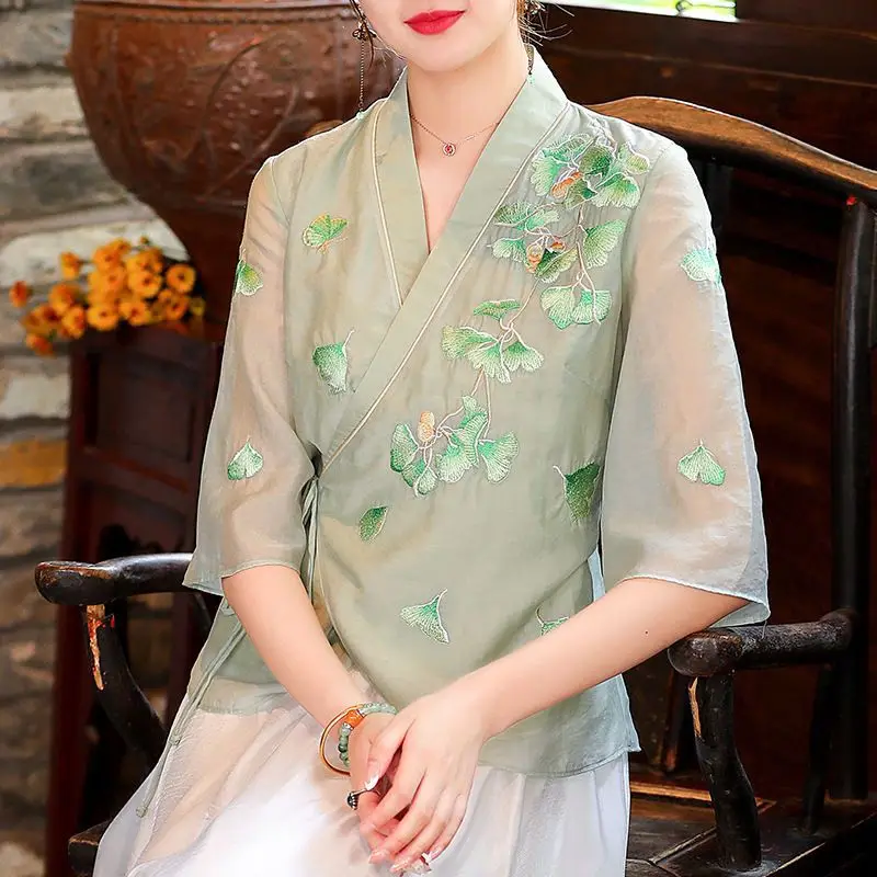 

Chinese Style Embroidery Lace Up Hanfu Cardigan Womens Tea Suit Summer Retro Temperament Cross-collar Shirts Women Tops