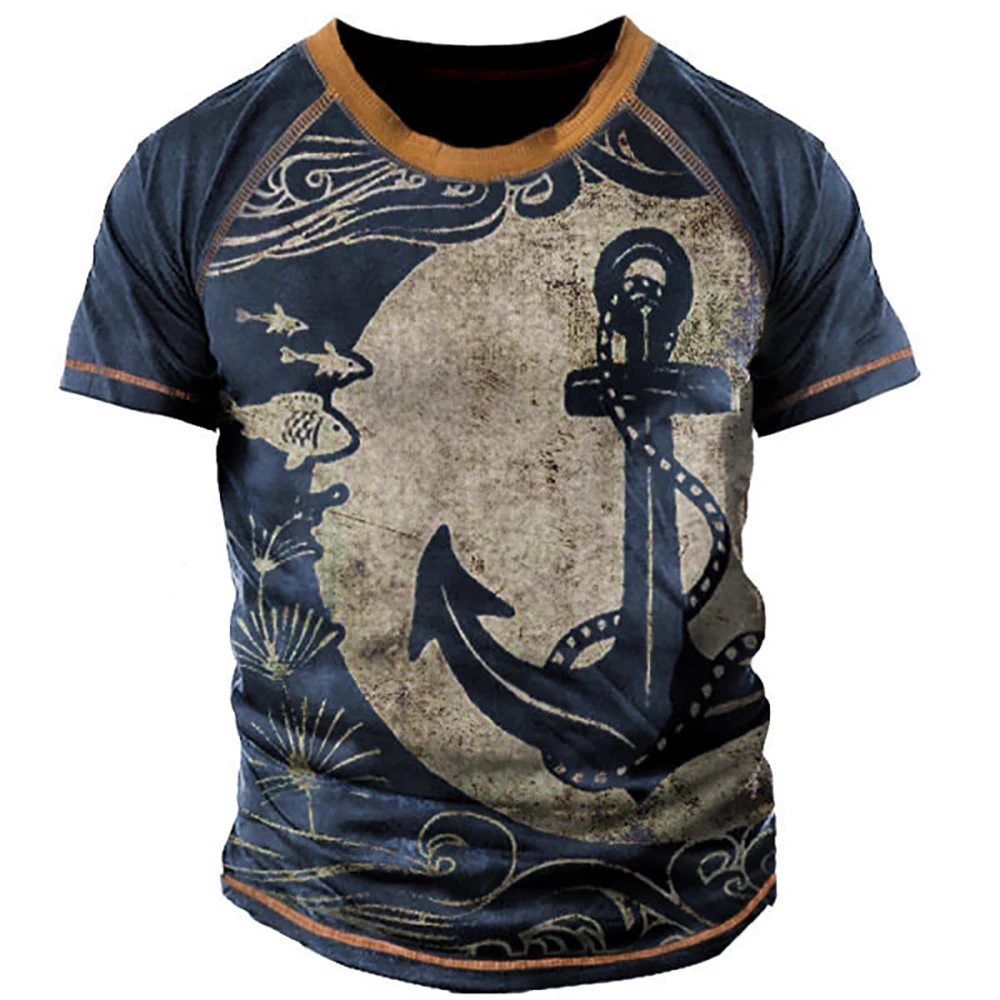 

Summer Retro Casual Fashion Round Neck Anchor Pattern 3D Print Street T-shirt Men's Muscle Top Short Sleeve Plus Size T-shirt