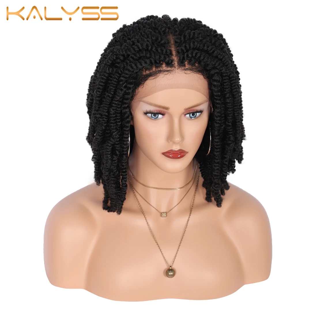 

Kalyss 12 inches Knotless Braided Lace Front Wigs with Baby Hairs 4X4 Lace Area Kinky Twist Braids Synthetic Wig for Black Women
