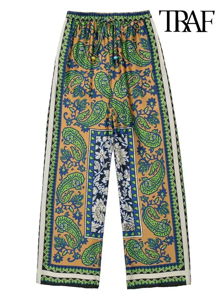 

TRAF Women Fashion Side Pockets Totem Print Wide Leg Pants Vintage High Elastic Waist With Drawstring Female Trousers Mujer