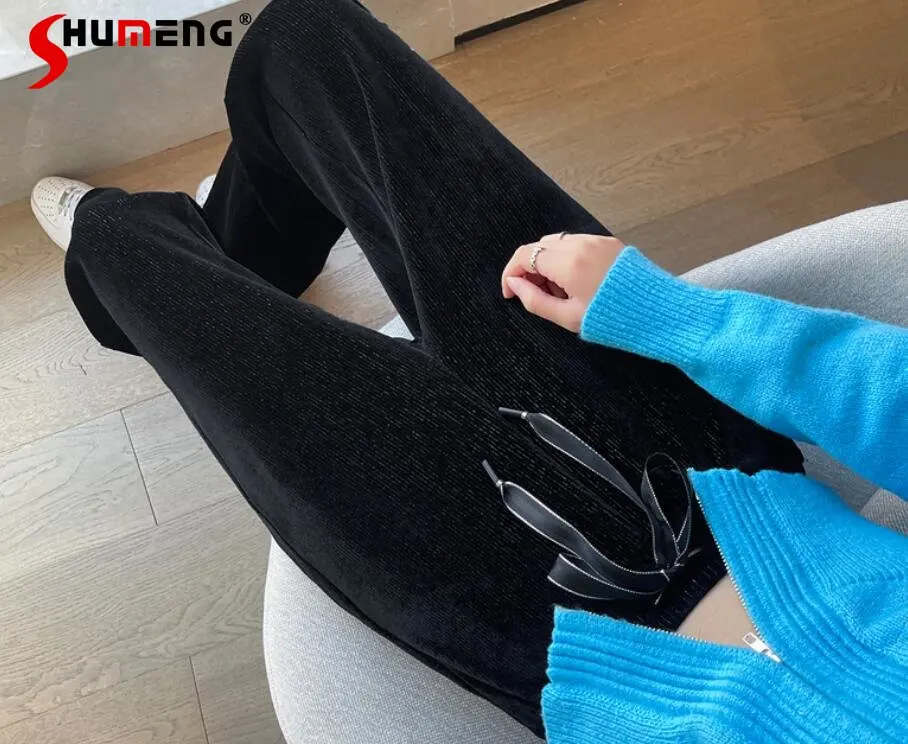 

Fashion Lace-up Waist Shiny Black Pants for Women Autumn Winter New High Waist Drooping Pleuche Loose Oversized Wide Leg Pants