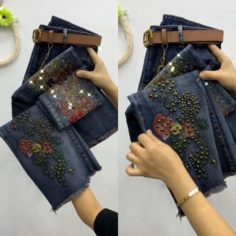 

Женские узкие джинсы с завышенной талией, Новинка весна-осень 2023, тянущиеся облегающие микро-джинсы с большим принтом и популярными бриллиа...