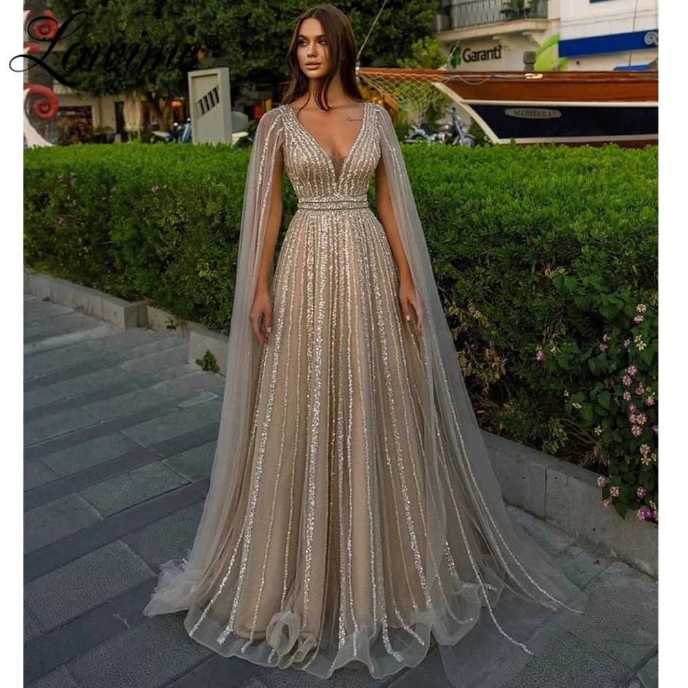 

Lowime Dubai Design Arabic Evening Dresses Gowns Luxury Cape Sleeves 2022 A-Line Beaded For Women Party Wedding Prom Dress Plus