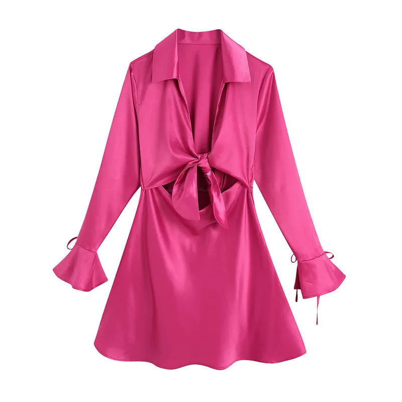 

Женское атласное платье с глубоким V-образным вырезом, розово-красное удобное ажурное мини-платье с длинным рукавом, весна-лето 2023