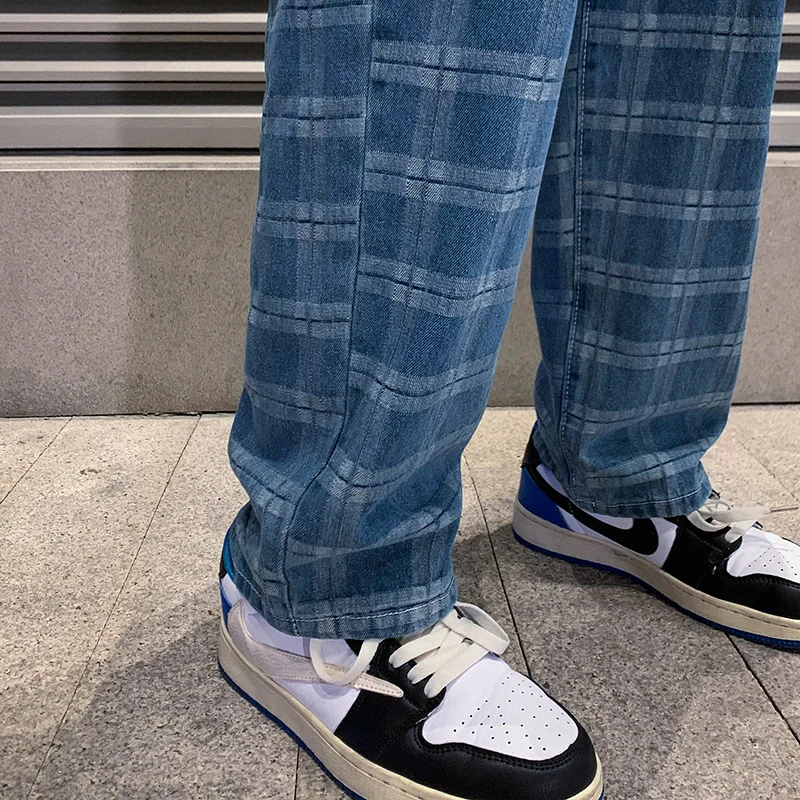 Men's Plaid Blue Baggy Jeans 2022 Spring New Korean Fashion Wide Leg Jean Y2k Printing Denim Pants Male Brand Clothes