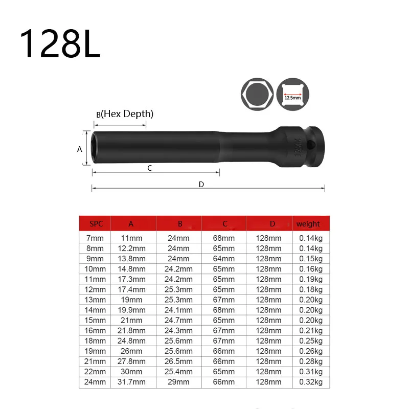Ударное шестигранное гнездо 200 мм привод 1/2 дюйма тонкая стенка 6-точечный адаптер