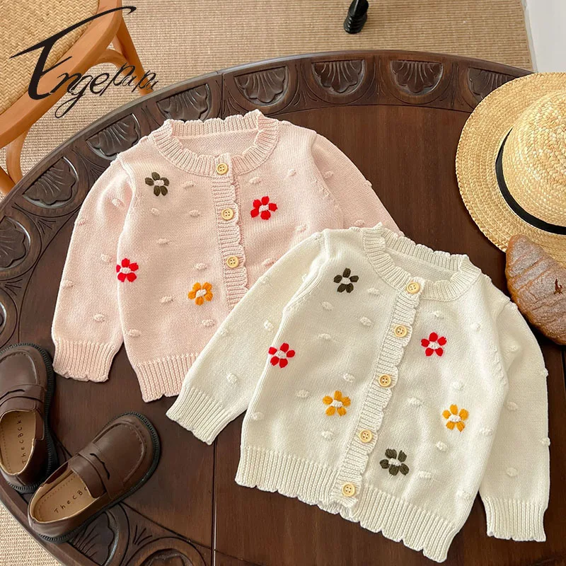 

Engepapa Korean Style Baby Girl Embroidered Flower Coat Knitted Newborn Baby Long Sleeves Cardigan Spring Knitted Baby Girl Coat