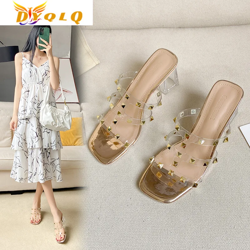

Women's Shoes Transparent High Heels Women's 2022 New Fashion Trend Crystal Rivets One Word Strap Roman Sandals