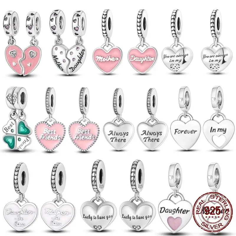 

Beads Double Heart-shape Charms 925 Silver Mom Daughter Son Friendship Dangle Pendant Fit Pandora Bracelet Necklace DIY Jewelry