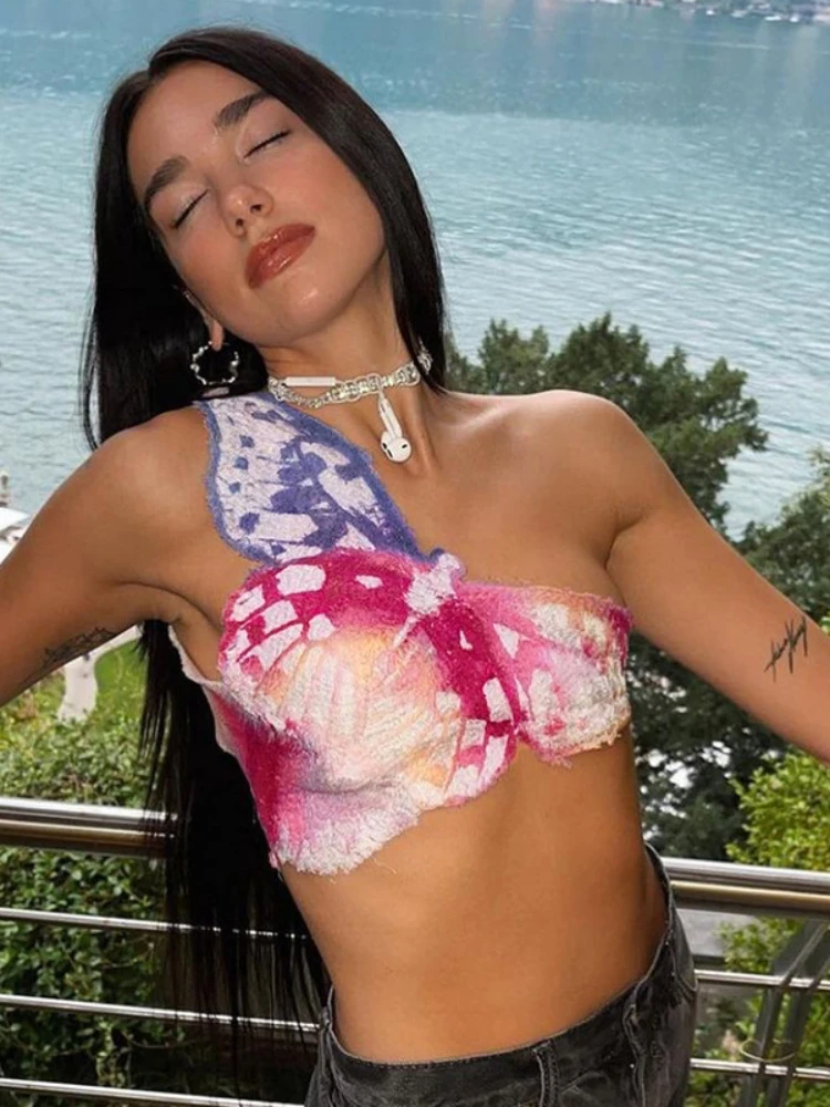 

Fashion Butterfly Printed One Shoulder Tank Top Irregular Sexy Summer Women Tops Cropped Cute Aesthetic Vest Outfits