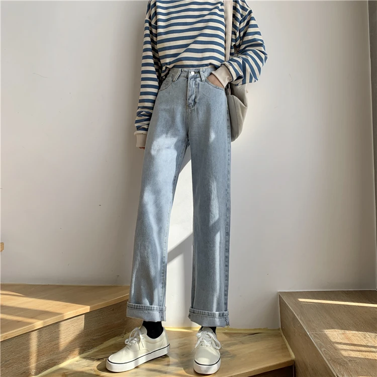 

DD1470 Light-colored jeans women's loose high-waisted slim-fit wide-leg pants jeans