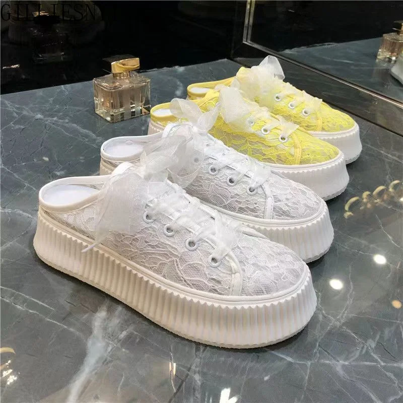 

Summer Lace Women's Sports Shoes Comfortable and Breathable White/Yellow Platform Woman Half Slippers Sneakers Female Shoes