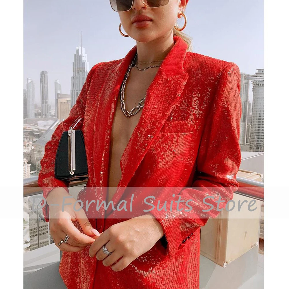 Women's Two-Piece Set Elegant Birthday Party Red Sequin Suit Coat + Straight Pants Temperament Fashion Luxury Blazer Suits