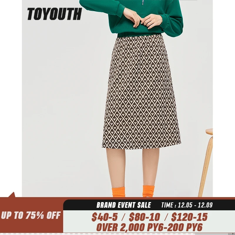 

Toyouth Women Skirt 2022 Autumn A Line Elastic Waist Heart Print Brown Elegant Vintage Streetwear Midi Skirt