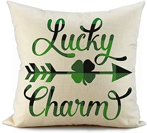 

St Patricks Day Pillow Cover Green and Black Buffalo Check Plaid Lucky Charm and Clover Arrow Happy St Patricks Day Decorations