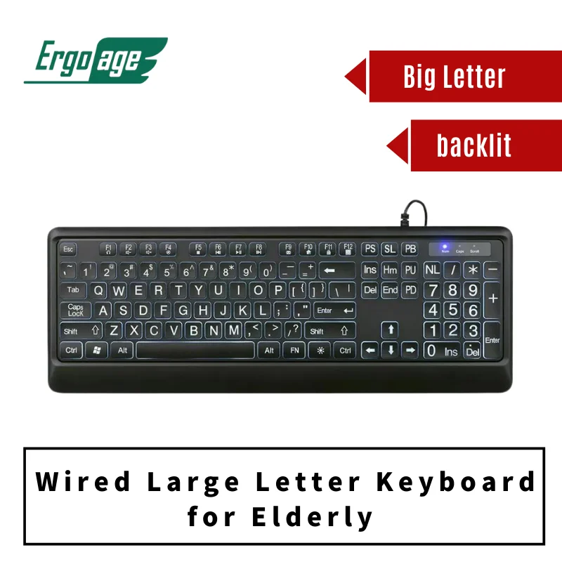 

Ergoage Wired Large Letter Print 104 keys Silent Backlit Keyboard with Oversized Characters for Elderly Weak Eyesighted