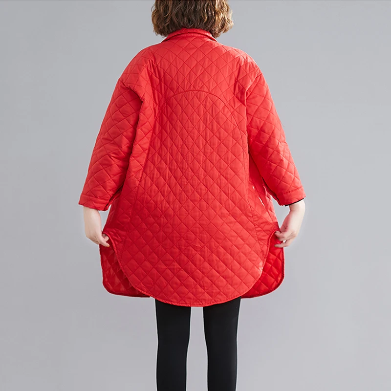 Spring Autumn New Oversize Mid-length Irregular Hem Plaid Quilted Women Fashion Big Pocket Casual Cardigan Cotton Jacket Parkas