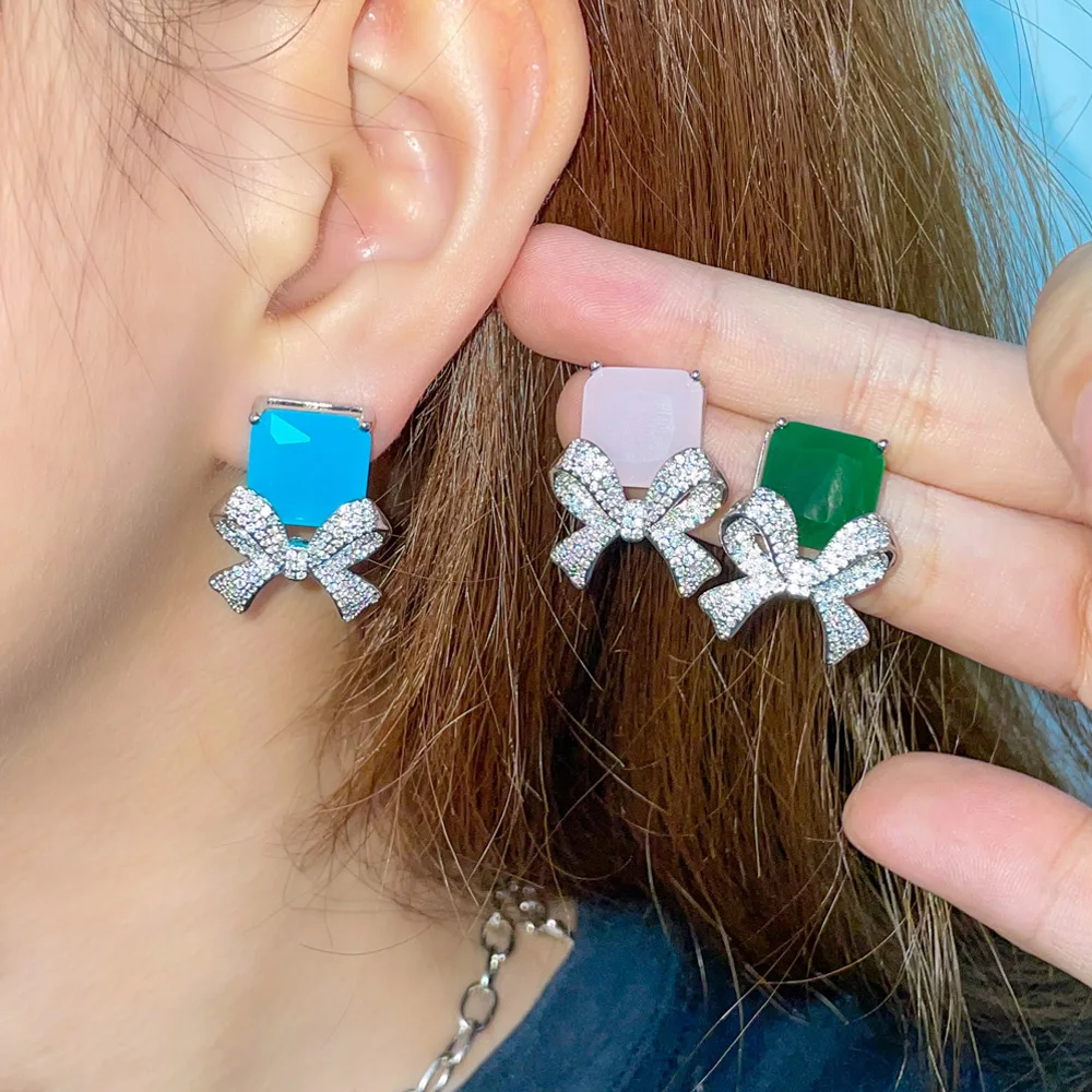 Милые розовые, зеленые, синие серьги-подвески QooLady в форме цветка с бантом и фианитом для помолвки и вечерние, ювелирные изделия для женщин, подарок E233