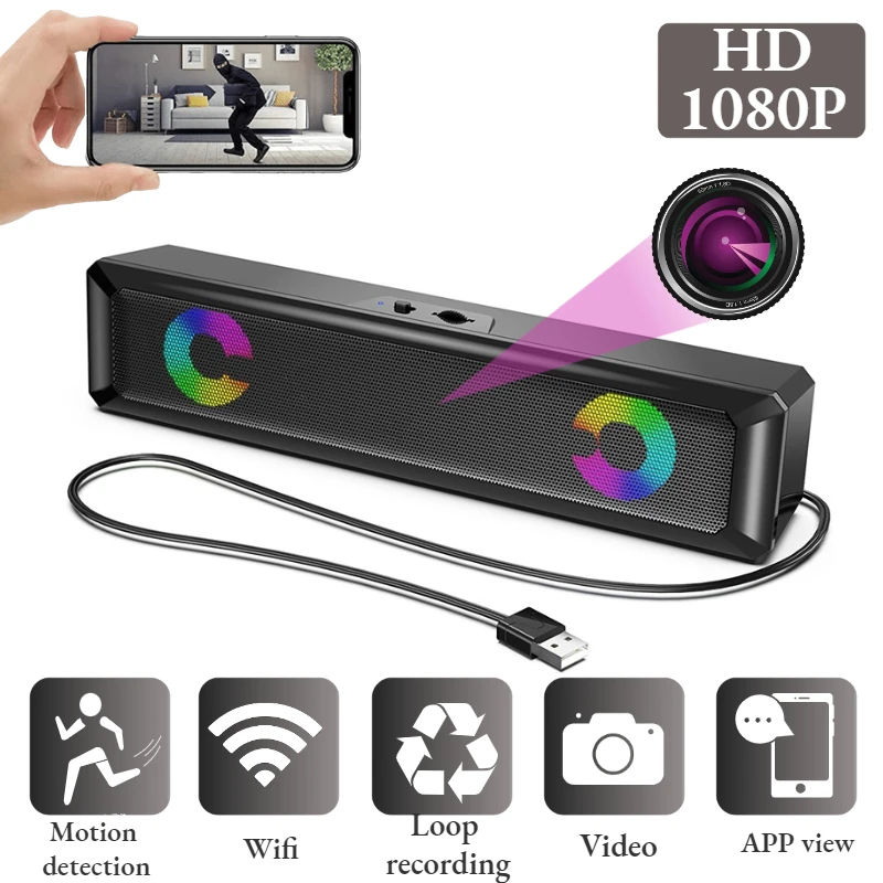 

Speaker Cam 1080P Full HD Mini Camera WiFi Speaker Camera Bluetooth Music Player StereoHome Security Motion Detection Nanny Cam