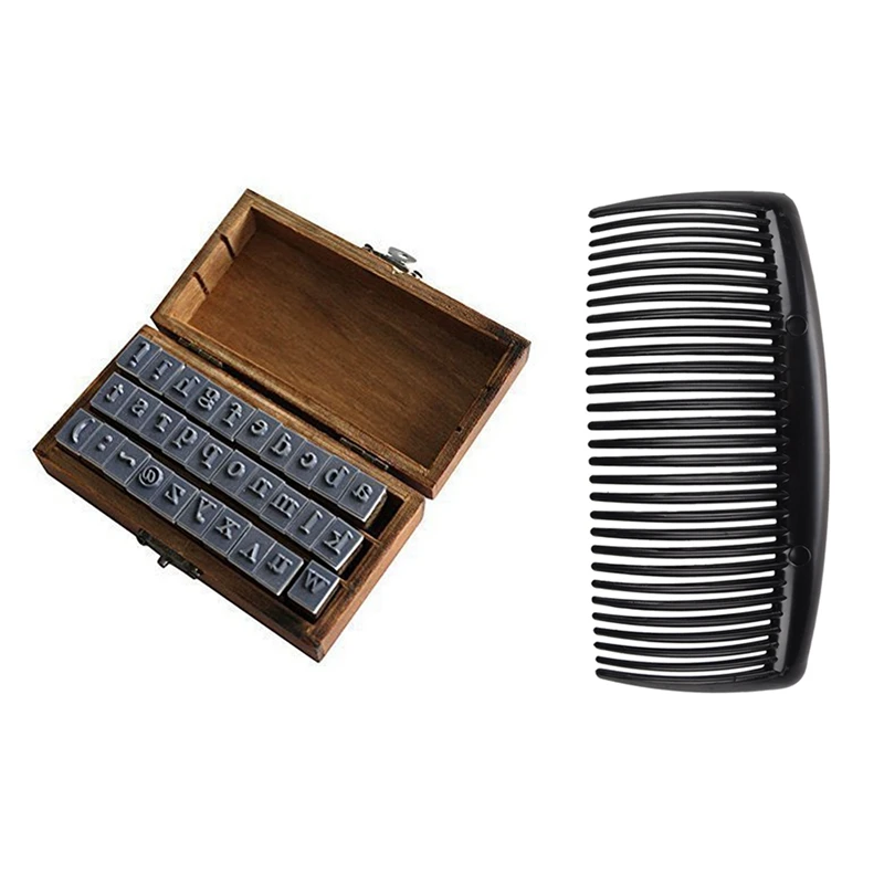 

2 Pcs Black Plastic Comb Hair Clip Clamp For Ladies & 30 Pcs Wooden Design Lowercase Alphabet Symbols Stamp Set Brown