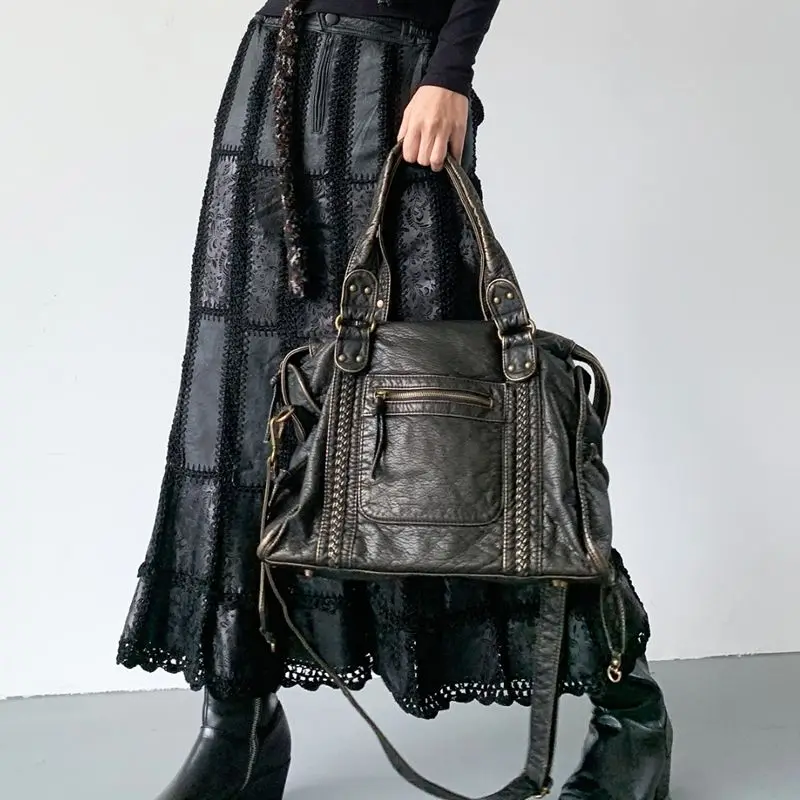 MBTI Black Washed Tote Bags for Women Vintage Distressed Soft Pu Leather Motorcycle Shoulder Bag Large Capacity Female Handbag